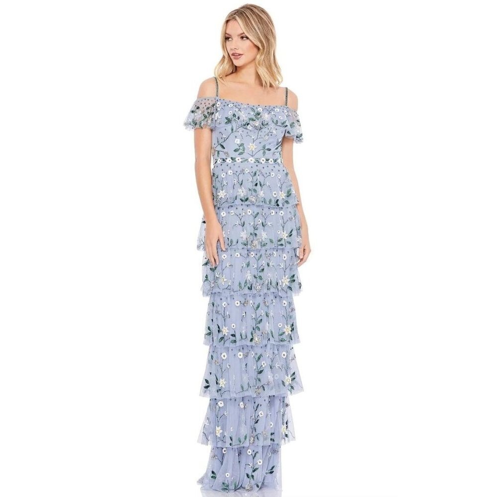 Mac Duggal Beaded Floral Tiered Chiffon Column Gown Dress Ruffle Blue Size 10